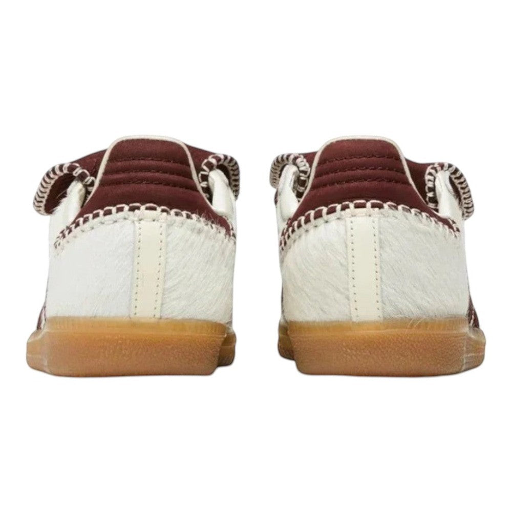 Luxurykicks.store Wales Bonner x Samba Pony sneakers in cream white with textured pony hair and brown heel detail.