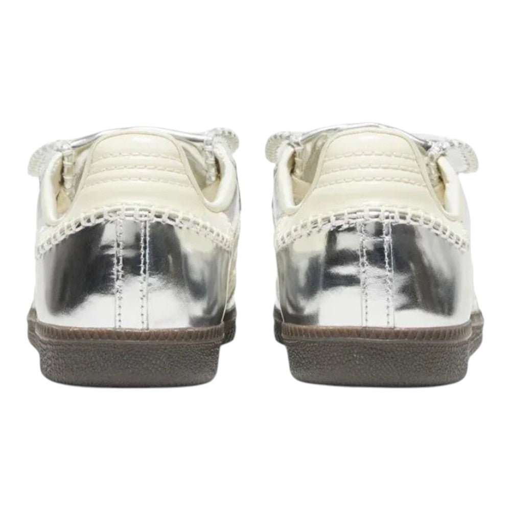 Luxurykicks.store Wales Bonner x Samba sneakers in silver metallic with cream stitching and brown gum soles, rear view