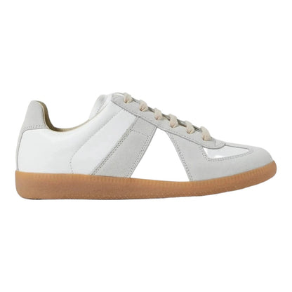 Luxurykicks.store Maison Margiela Replica white leather and suede sneakers with a classic gum rubber sole.