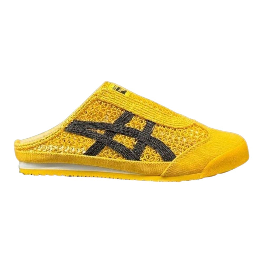 Luxurykicks.store Onitsuka Tiger Mexico 66 Sabot slip-on sneakers in vibrant yellow mesh with black side stripes.