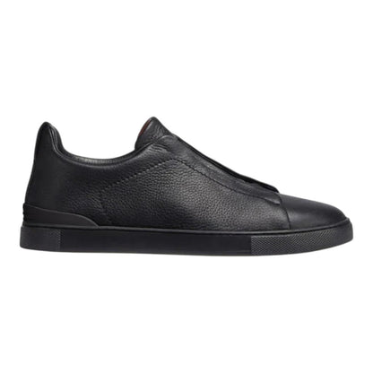 Luxurykicks.store Zegna black deerskin Triple Stitch sneakers with signature stitching and a sleek rubber sole.