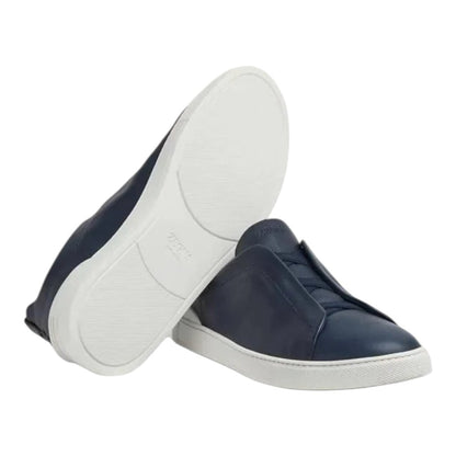 Luxurykicks.store Zegna Triple Stitch blue leather sneakers with signature stitching and white rubber soles