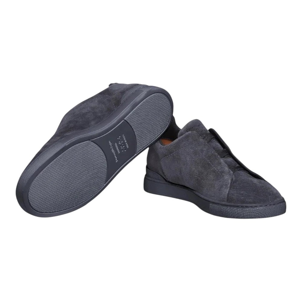 Luxurykicks.store Zegna Triple Stitch blue suede sneakers featuring signature elastic detailing and rubber soles.