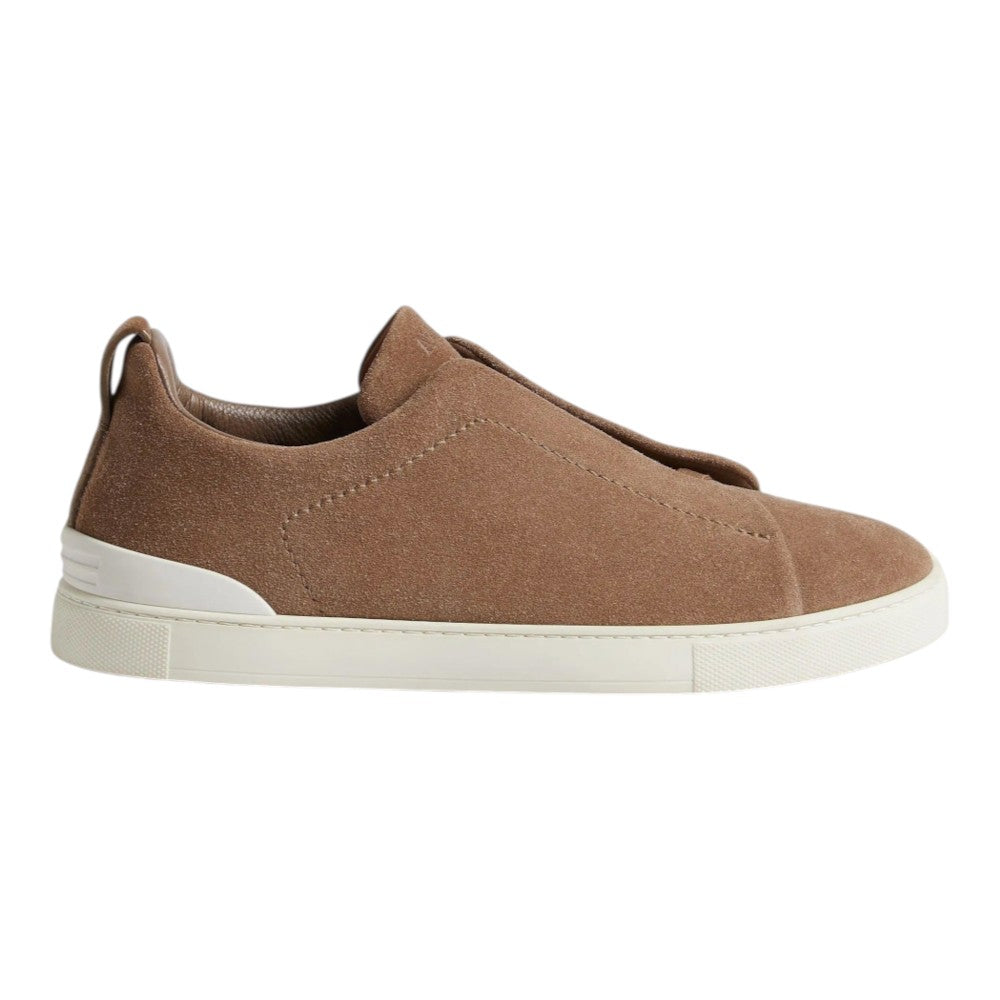Luxurykicks.store ZEGNA Triple Stitch low-top sneakers in brown suede with signature detailing and white rubber sole