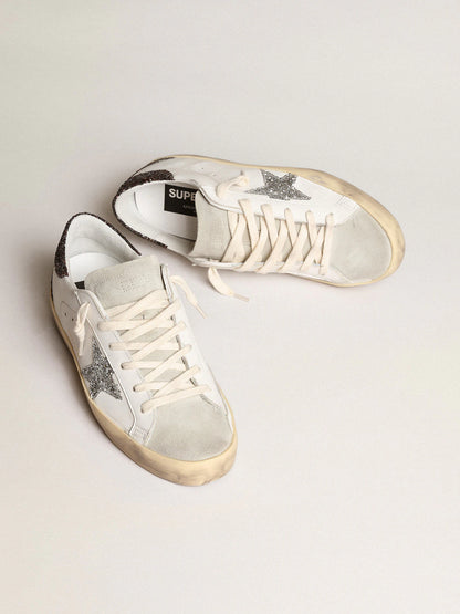 Golden Goose Women's Super-Star with silver star and brown glitter heel tab