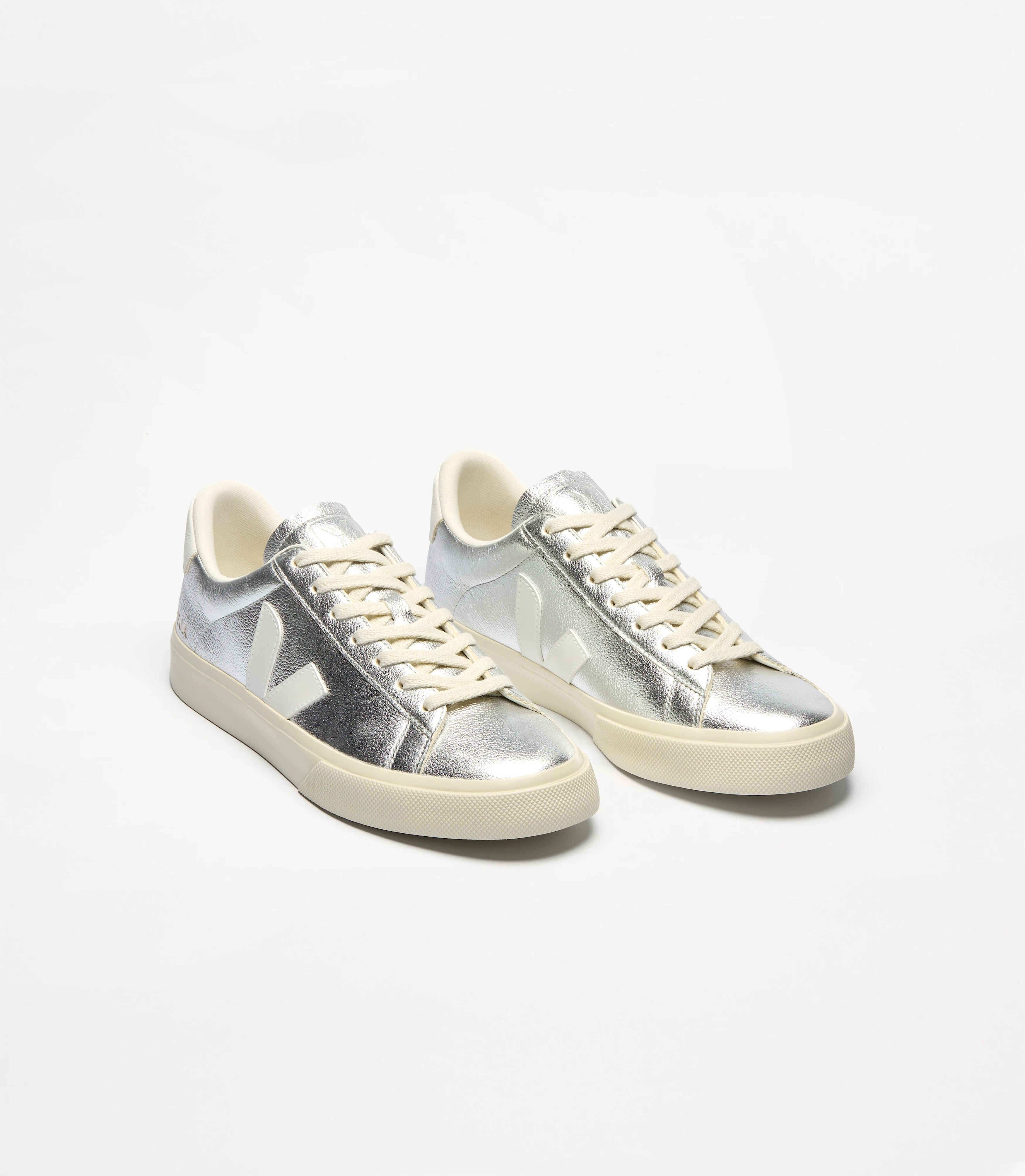 Veja Campo Chromefree lace-up sneakers in silver-white. 